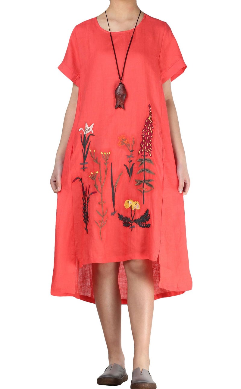 Minibee Women's Embroidered Linen Dress Summer A-Line Sundress Hi Low Tunic Clothing Red XL - Image 2